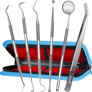 Dental Tools 6 Pack, Professional Stainless Steel Teeth Cleaning Kit with Tooth Scraper, Mirror, Probe and Case - Plaque Remover for Adults, Kids, and Pets (Blue)