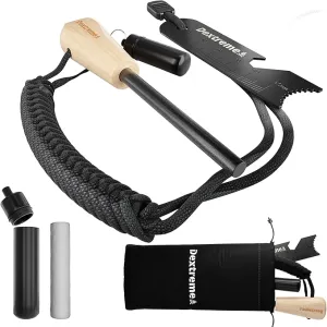 Dextreme Ferro Rod Flint Fire Starter Kit with Handcrafted Wood Handle, Coton Tinder, Transport Bag Multi-Tool Striker Paracord Lanyard for Camping Gear 12,000  Strikes 5/16'' Thick Bushcraft Survival