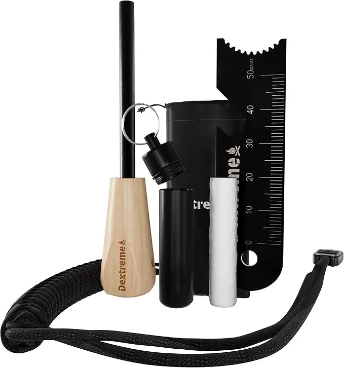 Dextreme Ferro Rod Flint Fire Starter Kit with Handcrafted Wood Handle, Coton Tinder, Transport Bag Multi-Tool Striker Paracord Lanyard for Camping Gear 12,000  Strikes 5/16'' Thick Bushcraft Survival