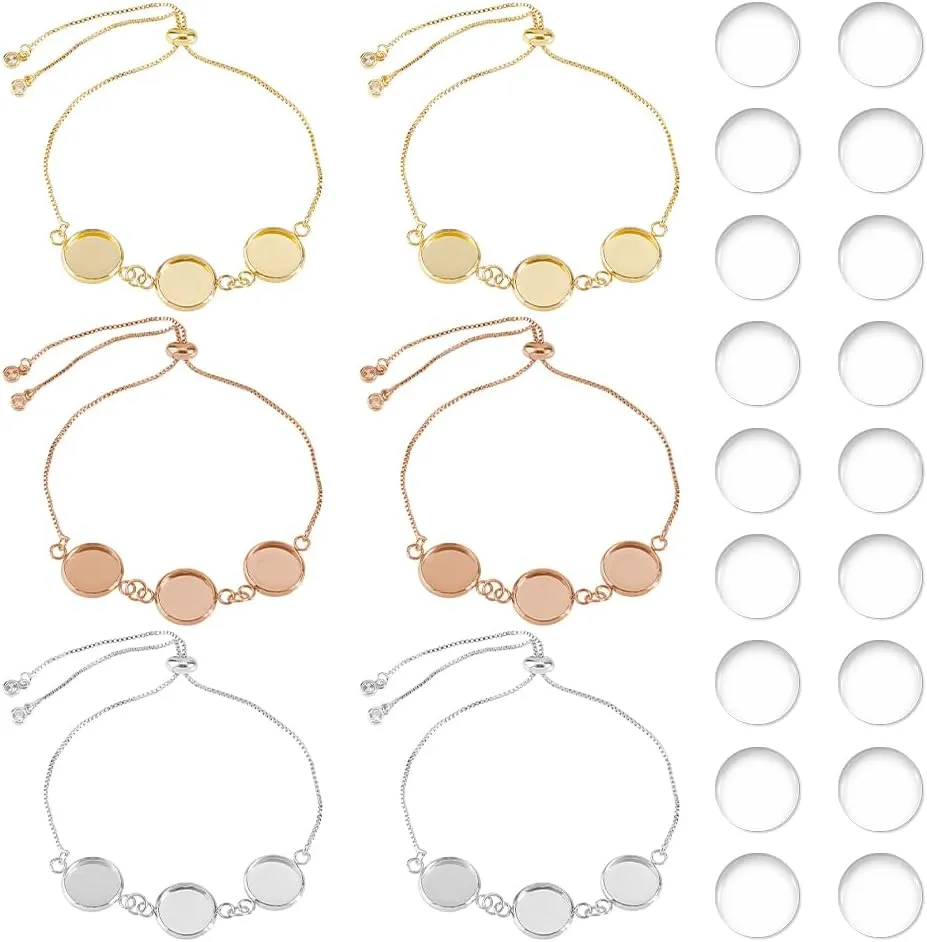 DICOSMETIC 6 Sets 3 Colors Bracelet Bezel Settings DIY Blank Bracelet Making Kit 12mm Stainless Steel Adjustable Slider Bracelets Golden Tray Bracelet Blanks with Glass Cabochons for DIY Making