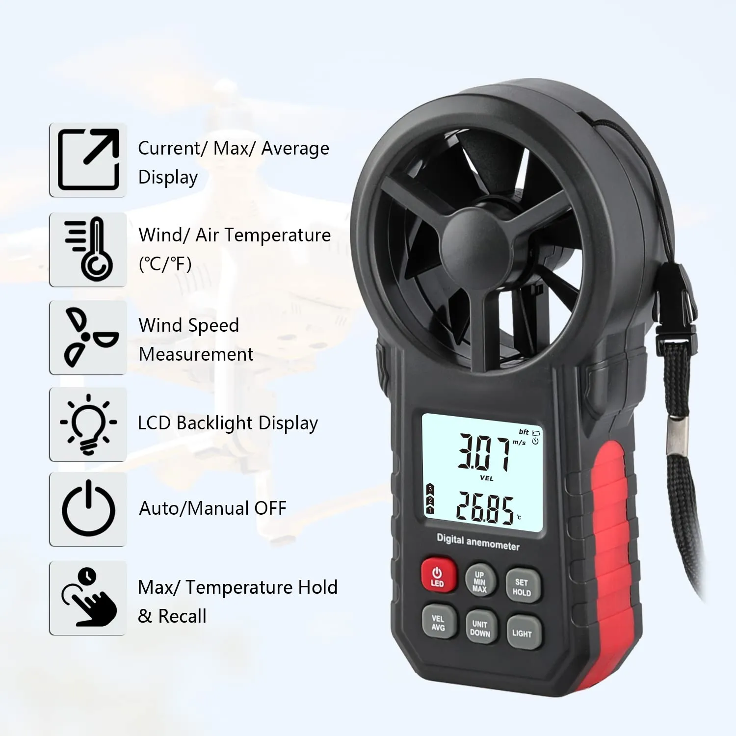 Digital Anemometer, Handheld Wind Speed Meter with Temperature Sensor, Wind Gauge Air Flow Velocity Meter with LED, MAX/MIN/AVG, Wind Measuring Tool for Sailing/Surfing/Hiking/Kite Flying