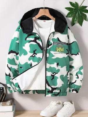 Digital Camouflage Print Hooded Zip-Up Jacket for Boys