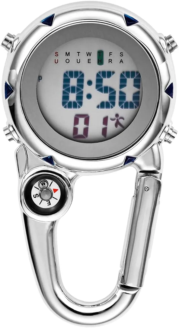 Digital Compass Clip: Black White Men's Fob Watches, Waterproof Carabiner Watch with Alarm Clock