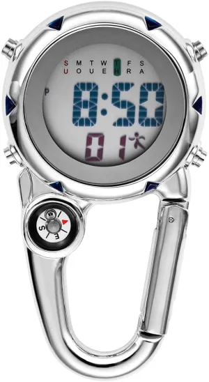 Digital Compass Clip: Black White Men's Fob Watches, Waterproof Carabiner Watch with Alarm Clock