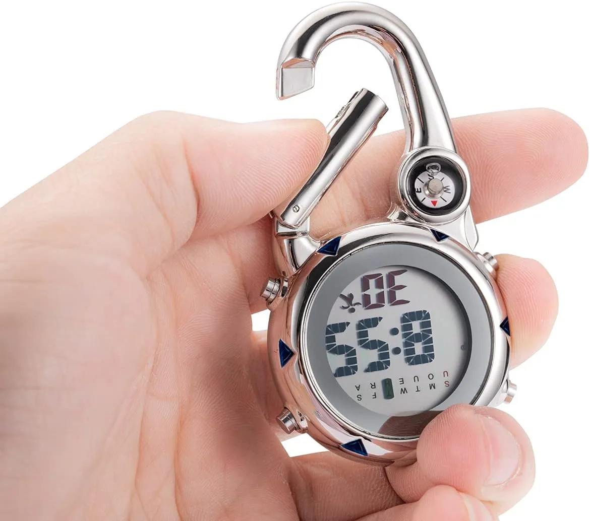 Digital Compass Clip: Black White Men's Fob Watches, Waterproof Carabiner Watch with Alarm Clock