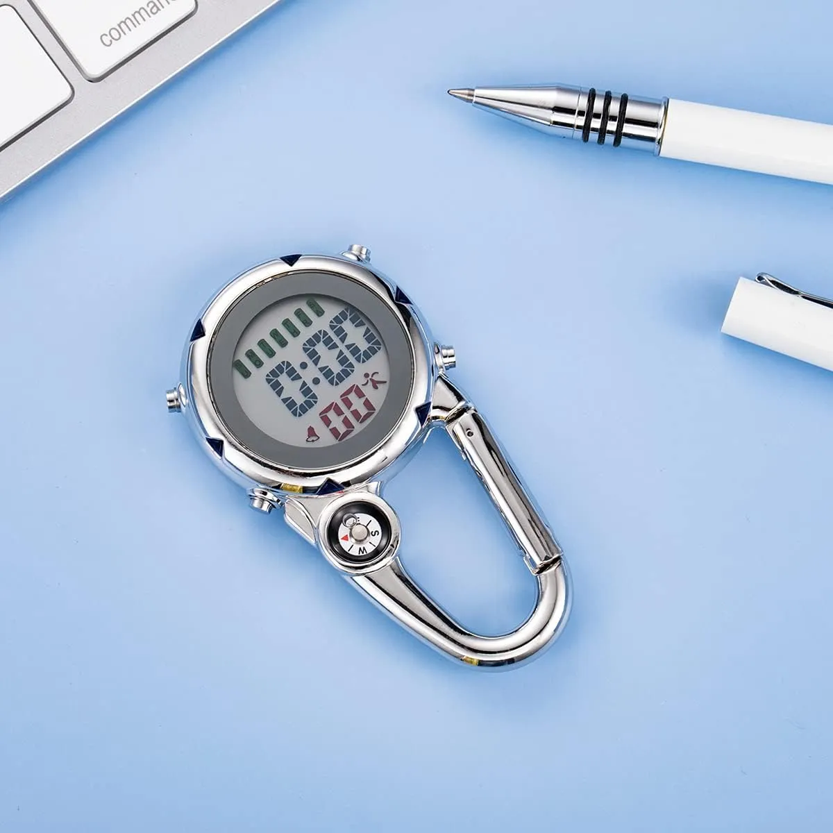 Digital Compass Clip: Black White Men's Fob Watches, Waterproof Carabiner Watch with Alarm Clock
