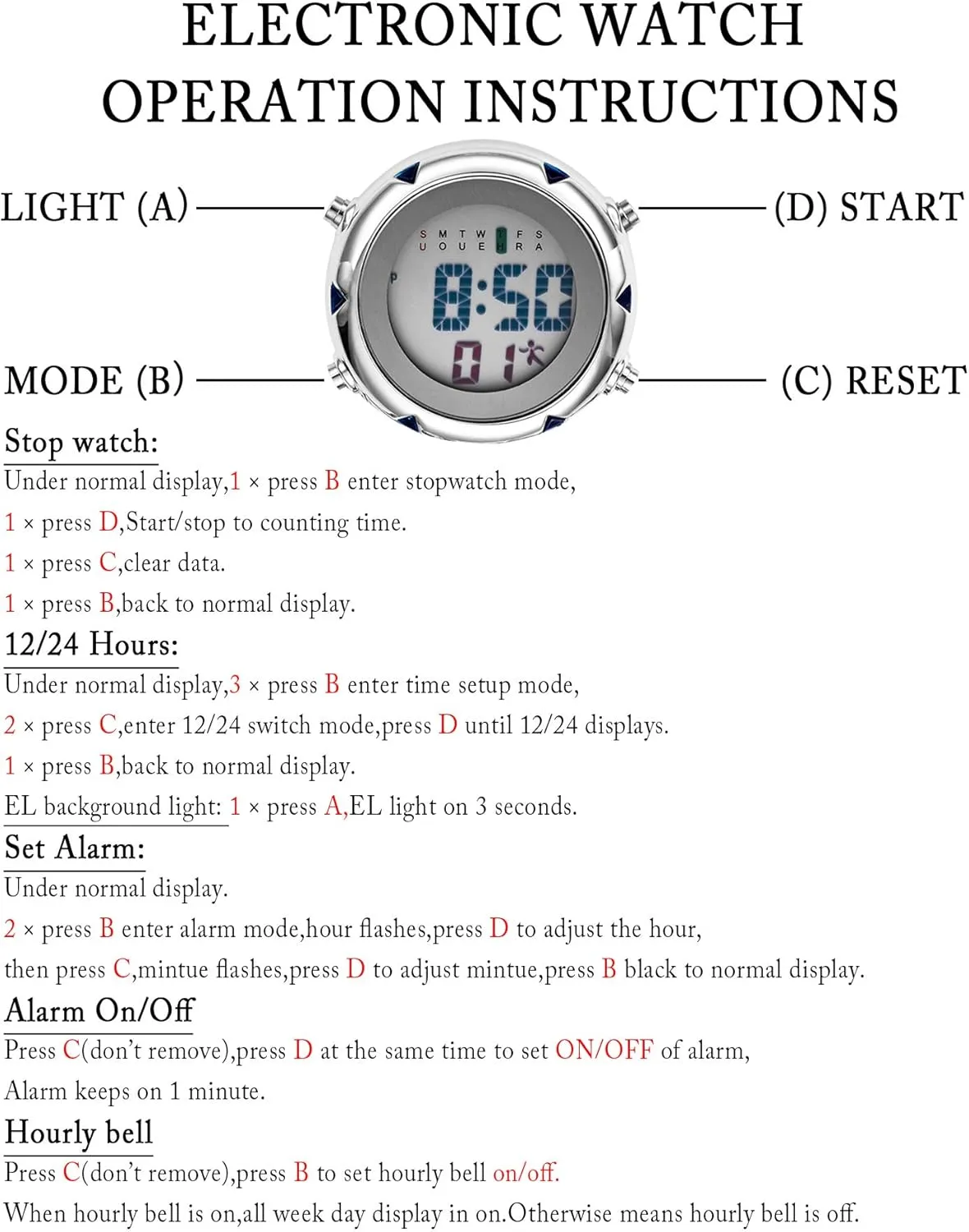 Digital Compass Clip: Black White Men's Fob Watches, Waterproof Carabiner Watch with Alarm Clock