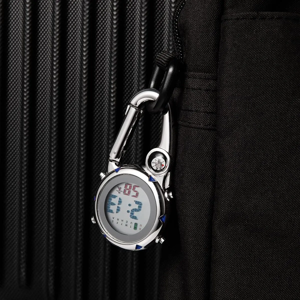Digital Compass Clip: Black White Men's Fob Watches, Waterproof Carabiner Watch with Alarm Clock