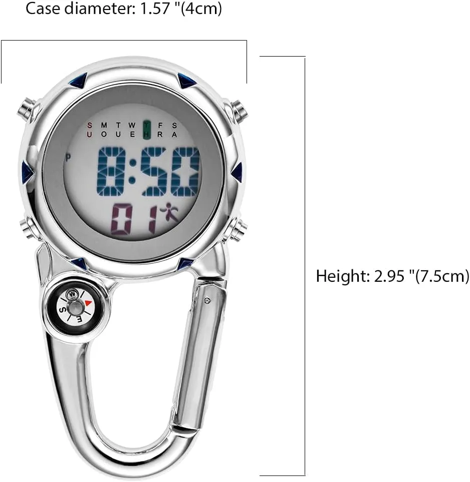 Digital Compass Clip: Black White Men's Fob Watches, Waterproof Carabiner Watch with Alarm Clock