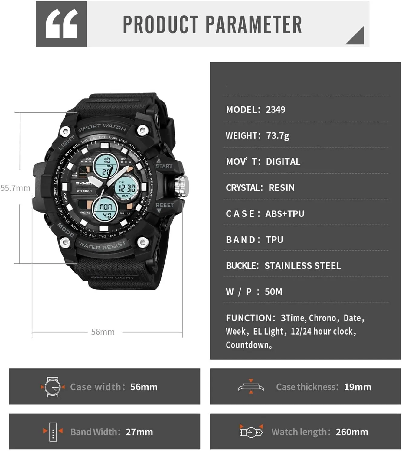 Digital Outdoor Watch for Men, Waterproof 50M, 3 Time Display, Chronograph, Alarm, 12/24 Hour Format, Backlight, Rugged Design for Hiking, Camping, Survival