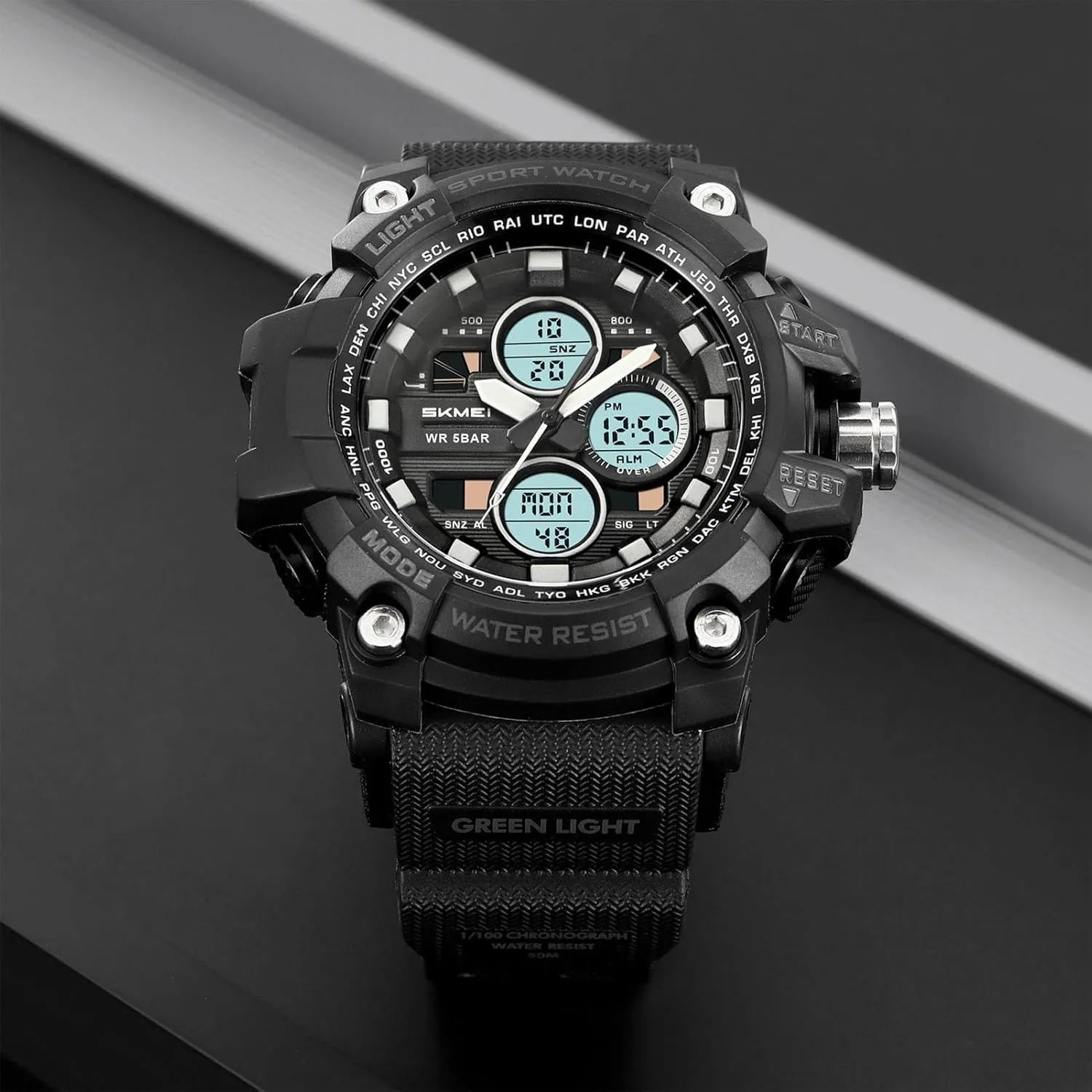 Digital Outdoor Watch for Men, Waterproof 50M, 3 Time Display, Chronograph, Alarm, 12/24 Hour Format, Backlight, Rugged Design for Hiking, Camping, Survival