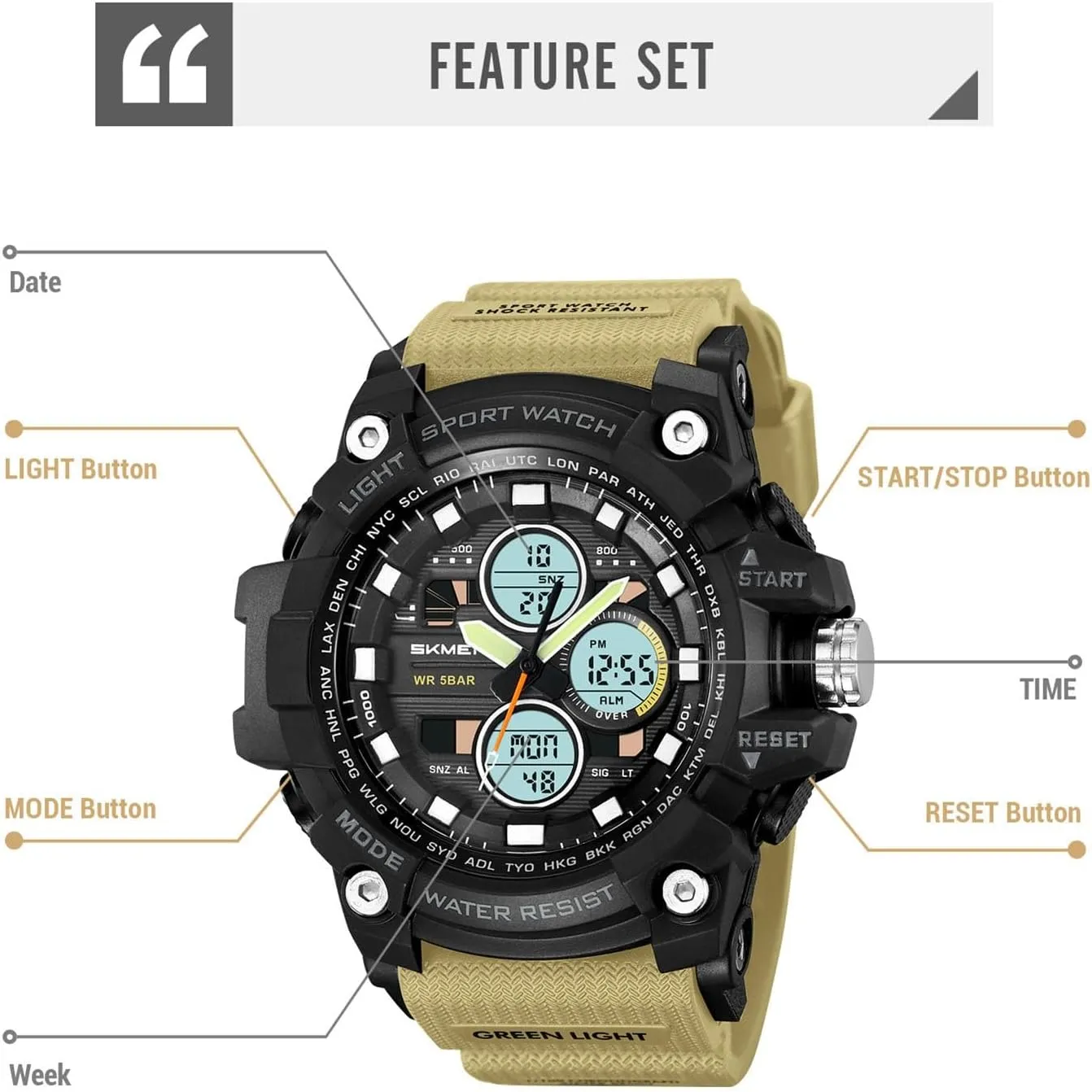 Digital Outdoor Watch for Men, Waterproof 50M, 3 Time Display, Chronograph, Alarm, 12/24 Hour Format, Backlight, Rugged Design for Hiking, Camping, Survival