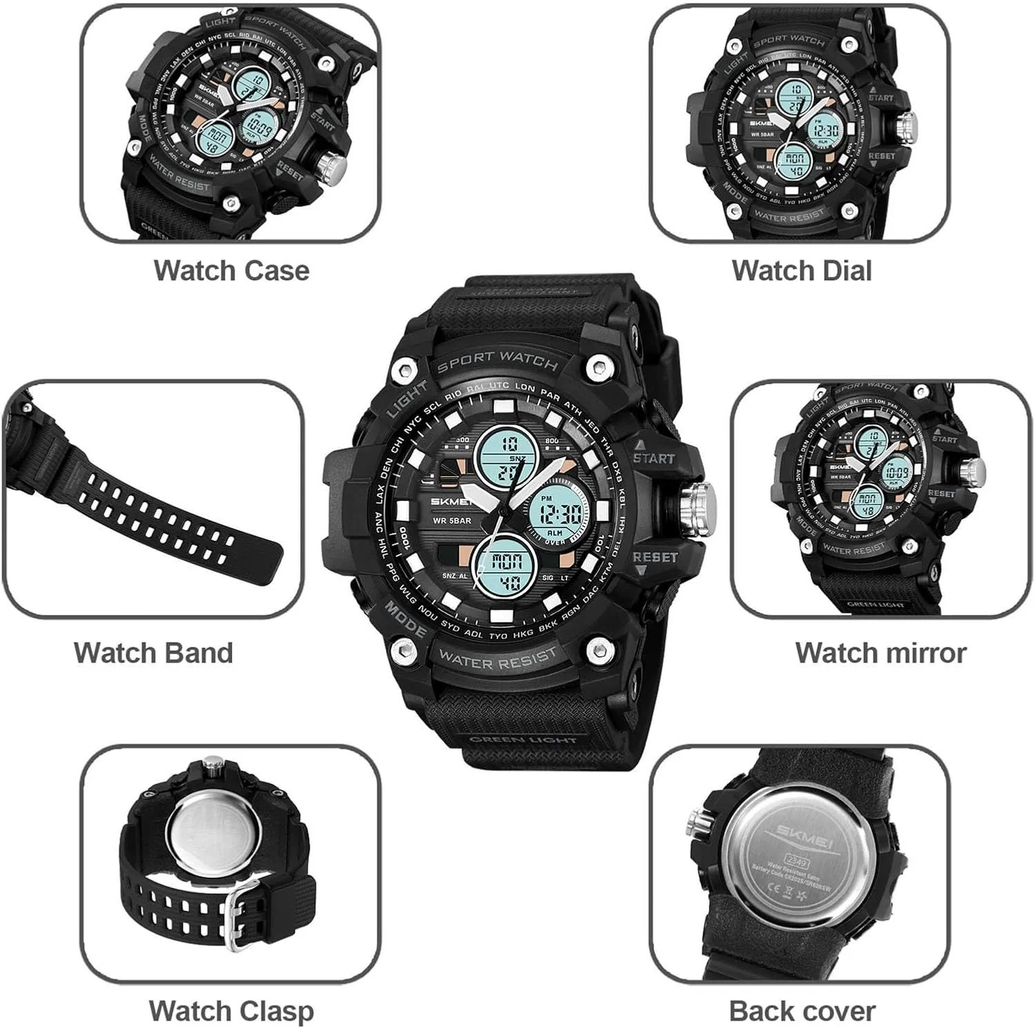 Digital Outdoor Watch for Men, Waterproof 50M, 3 Time Display, Chronograph, Alarm, 12/24 Hour Format, Backlight, Rugged Design for Hiking, Camping, Survival