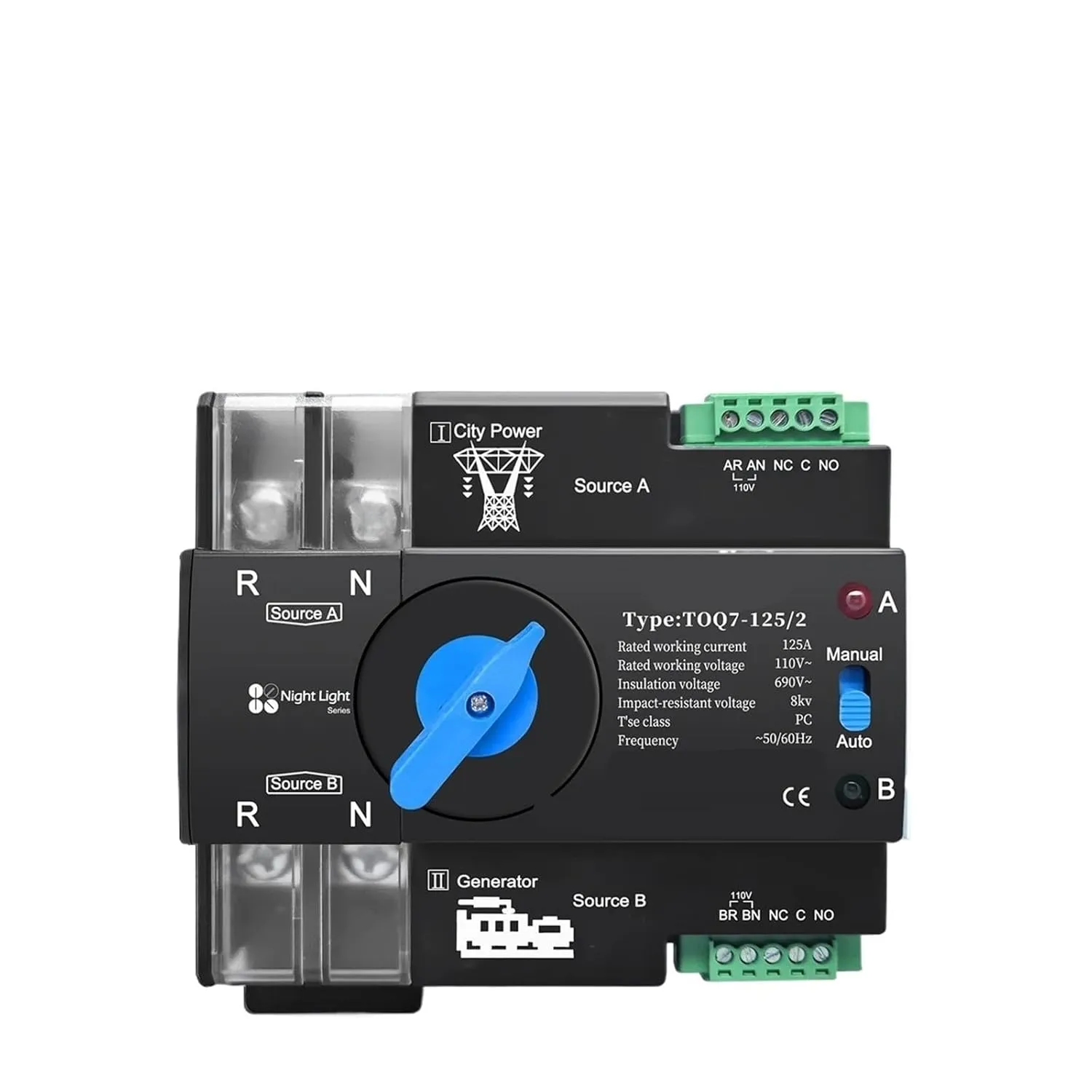 Din Rail ATS 110V 120V Dual Power Automatic Transfer Electrical Selector Switch Uninterrupted 2P 63A 100A 125A(63A)