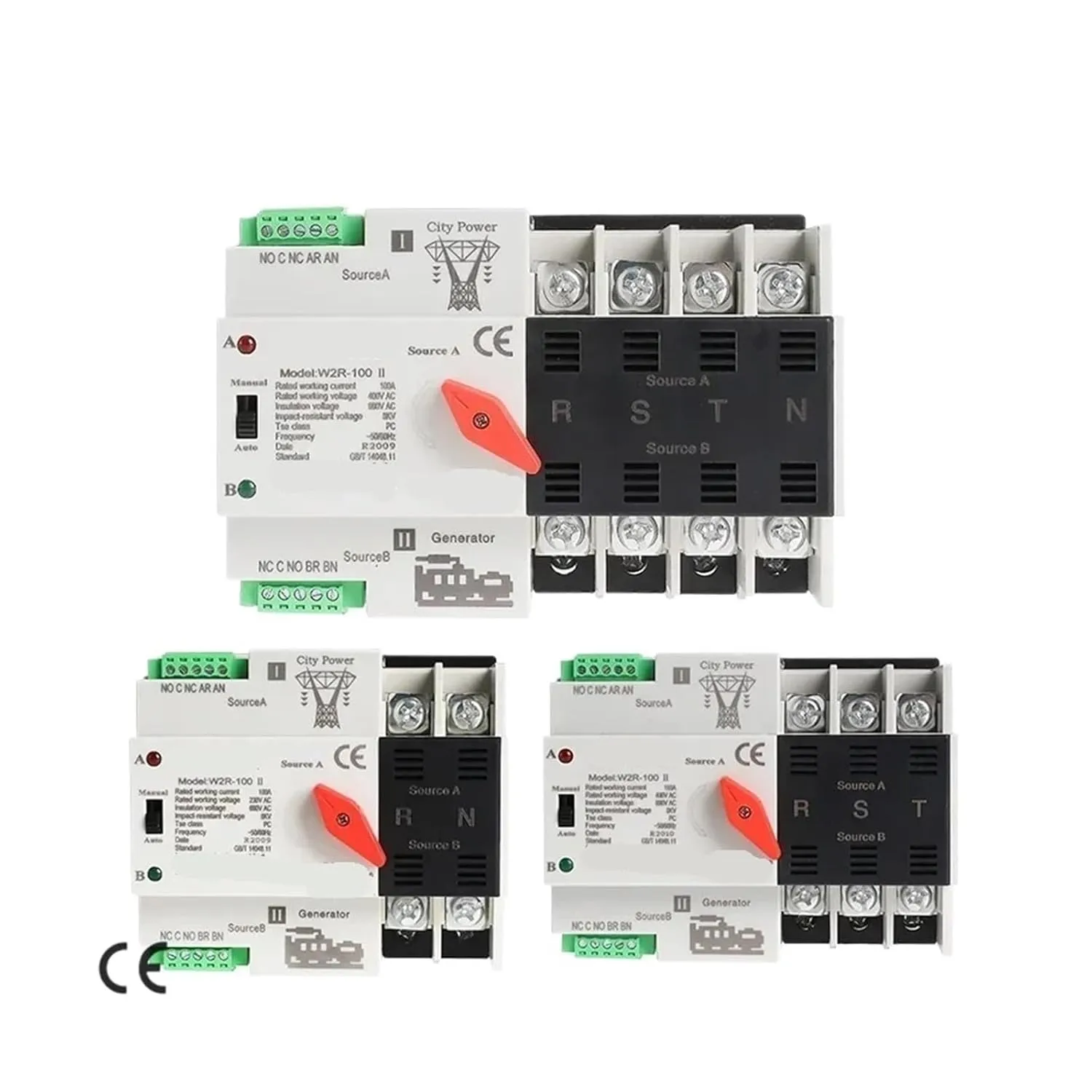 Din Rail ATS 110V 220V 63A 100A Dual Power Automatic Transfer Switch 50/60Hz PC Grade Auto or Manual Selection(110V,2P 63A)
