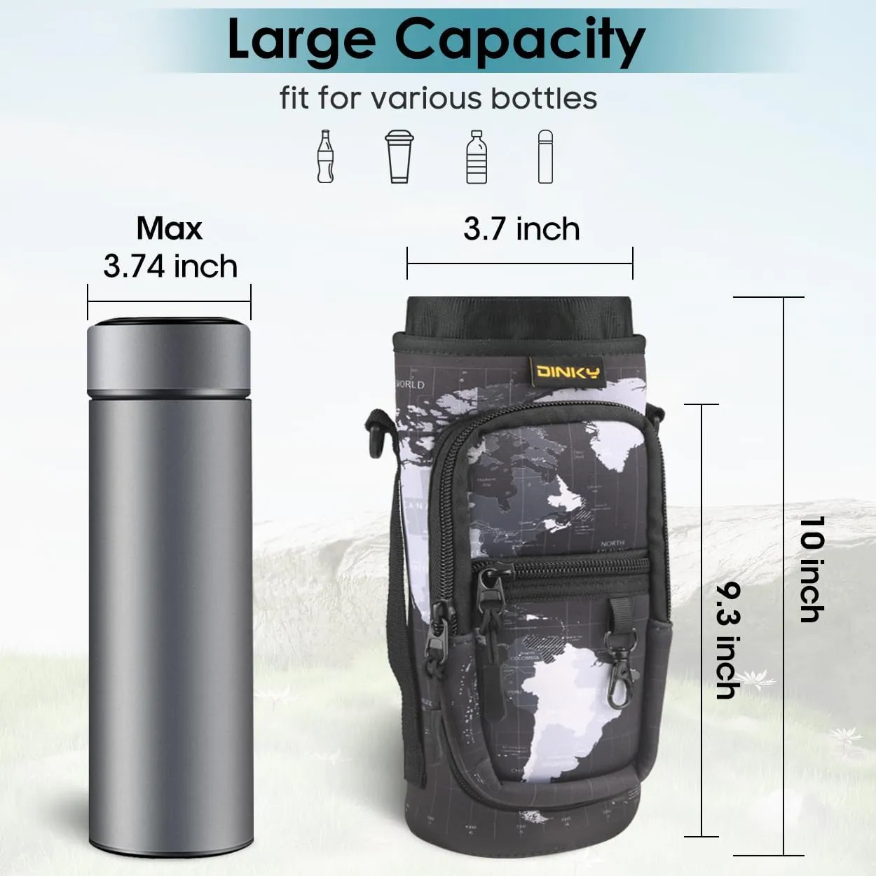 Dinky Water Bottle Carrier Bag with Adjustable Shoulder Strap - Neoprene Pouch Sleeve for Hiking, Camping and Fishing - Compatible with 32 oz, 40 oz Bottles