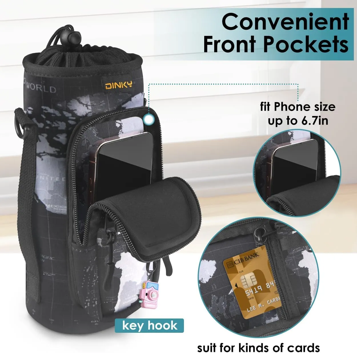 Dinky Water Bottle Carrier Bag with Adjustable Shoulder Strap - Neoprene Pouch Sleeve for Hiking, Camping and Fishing - Compatible with 32 oz, 40 oz Bottles
