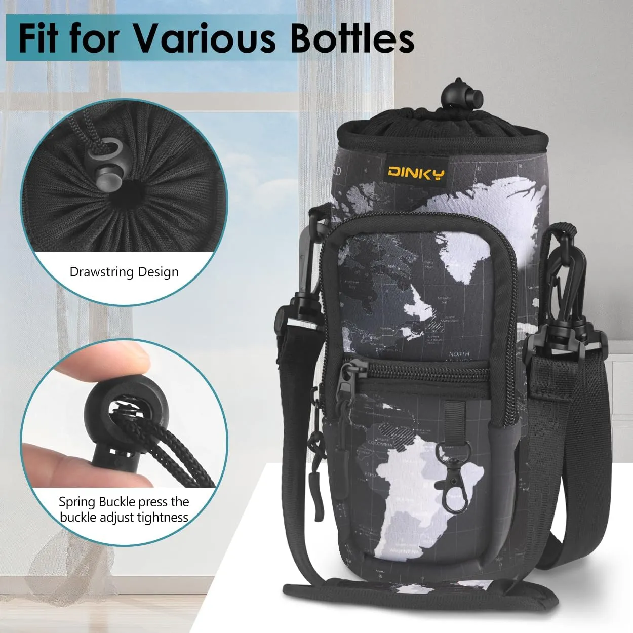 Dinky Water Bottle Carrier Bag with Adjustable Shoulder Strap - Neoprene Pouch Sleeve for Hiking, Camping and Fishing - Compatible with 32 oz, 40 oz Bottles