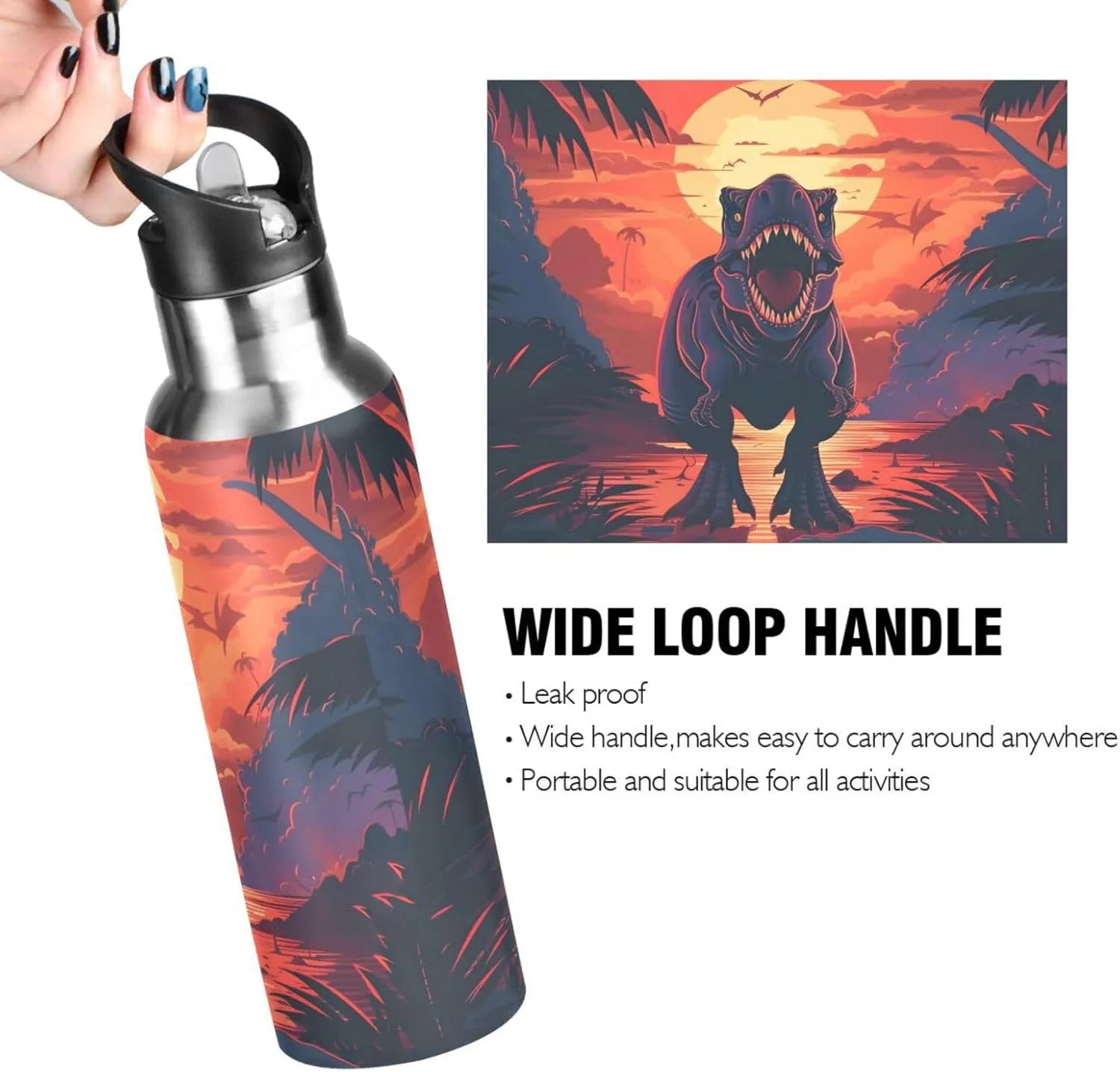 Dinosaur Water Bottle Kids Boys Girls Insulated Stainless Steel Hot Cold Water Flask with Straw Lid for Sports Gym Running 20 oz