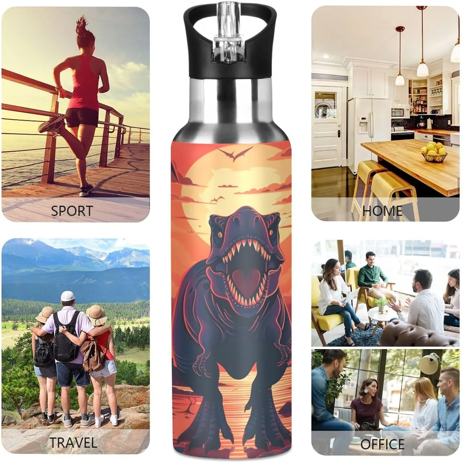 Dinosaur Water Bottle Kids Boys Girls Insulated Stainless Steel Hot Cold Water Flask with Straw Lid for Sports Gym Running 20 oz