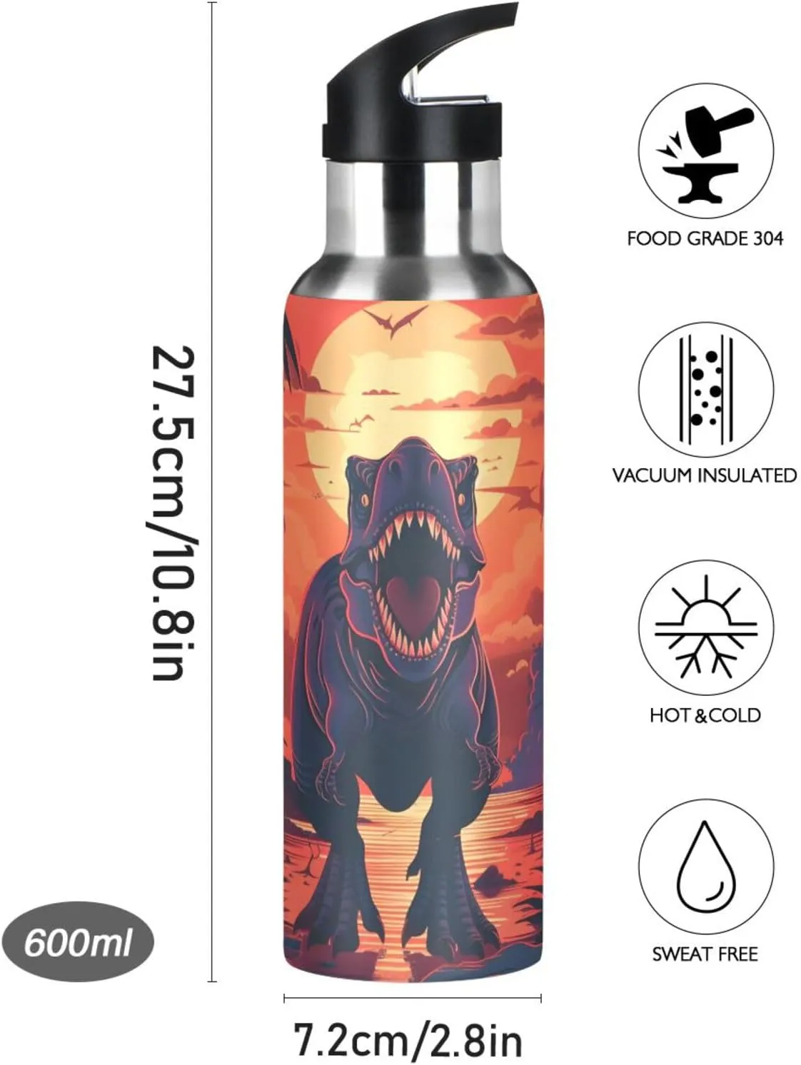 Dinosaur Water Bottle Kids Boys Girls Insulated Stainless Steel Hot Cold Water Flask with Straw Lid for Sports Gym Running 20 oz