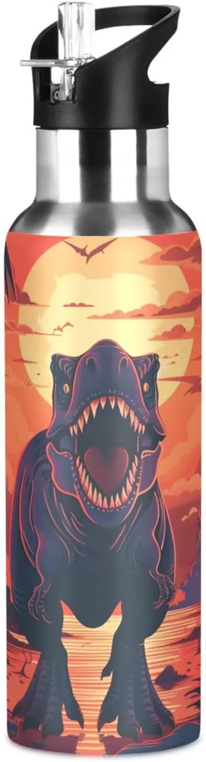 Dinosaur Water Bottle Kids Boys Girls Insulated Stainless Steel Hot Cold Water Flask with Straw Lid for Sports Gym Running 20 oz