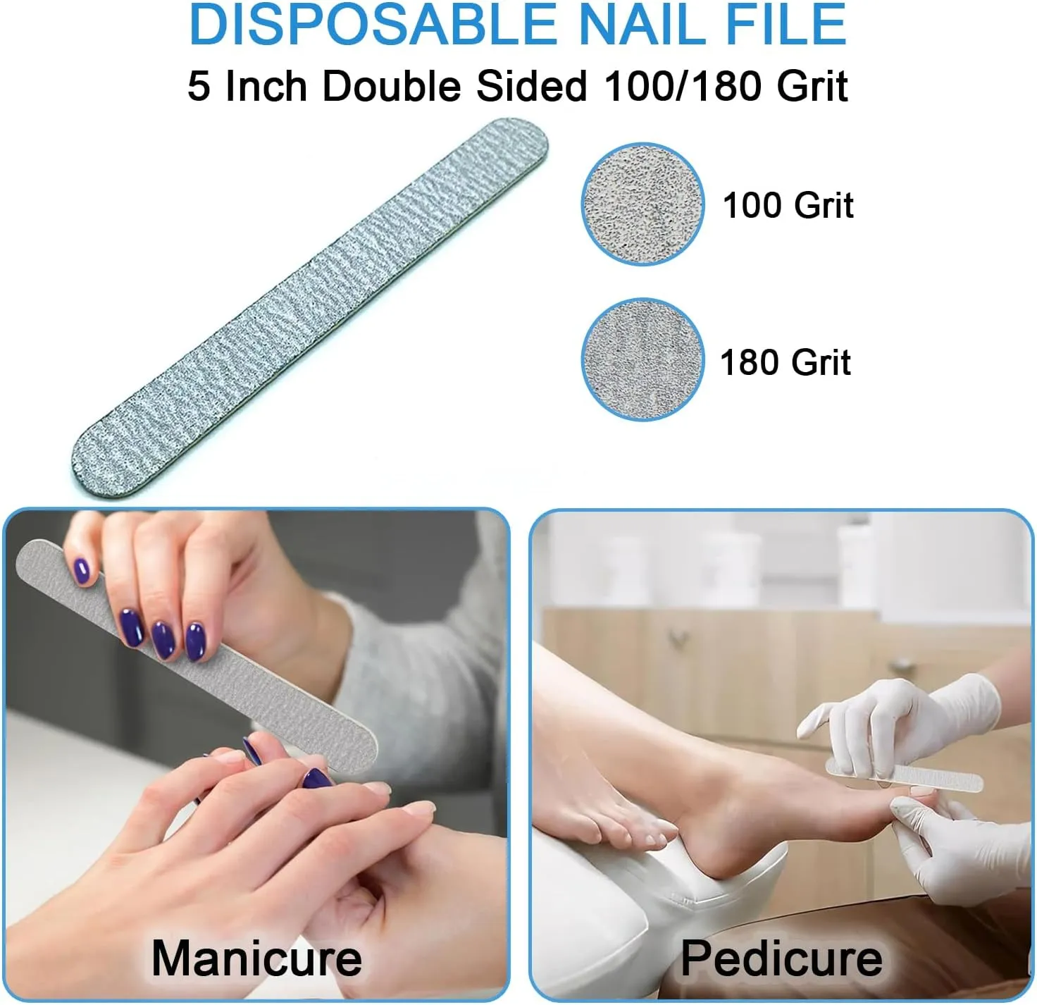 Disposable Manicure Kit 3 in 1 (Nail Buffer 100/180 Grit, Nail File 100/180 Grit, Wood Stick): Professional Nail Care Essentials in a Single-Use (50 Counts)