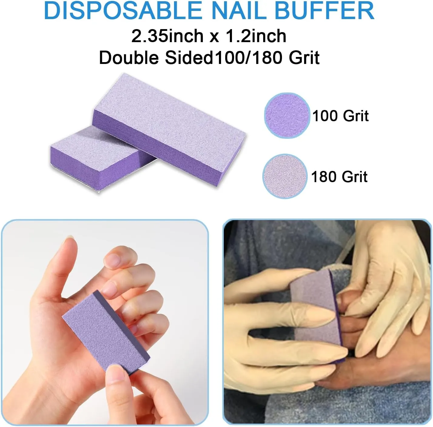 Disposable Manicure Kit 3 in 1 (Nail Buffer 100/180 Grit, Nail File 100/180 Grit, Wood Stick): Professional Nail Care Essentials in a Single-Use (50 Counts)