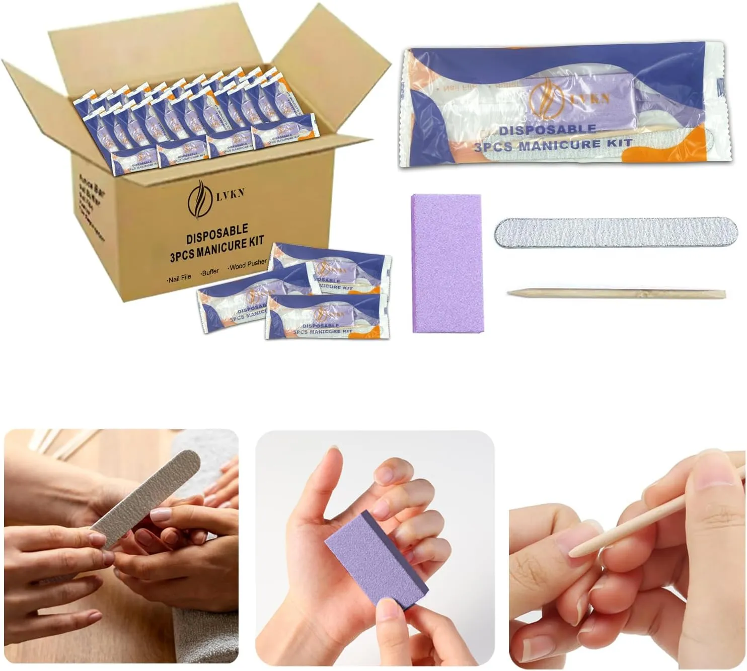 Disposable Manicure Kit 3 in 1 (Nail Buffer 100/180 Grit, Nail File 100/180 Grit, Wood Stick): Professional Nail Care Essentials in a Single-Use (50 Counts)