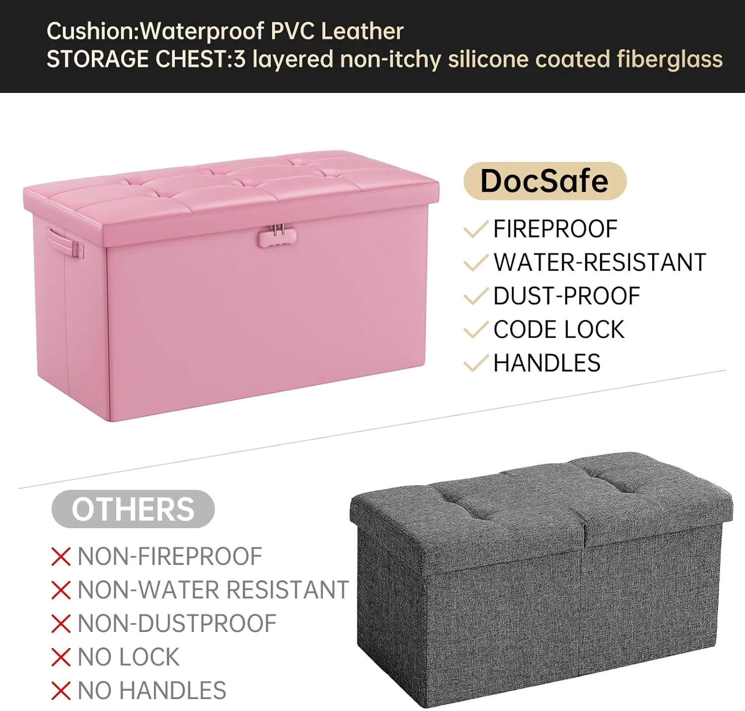 DocSafe Storage Ottoman Bench with Lock,Fireproof 30 Inches Folding Bench Foot Rest Stool Storage Chest Safe for Living Room,Bedroom,Home Office,Waterproof Leather Ottoman with Handles,Pink