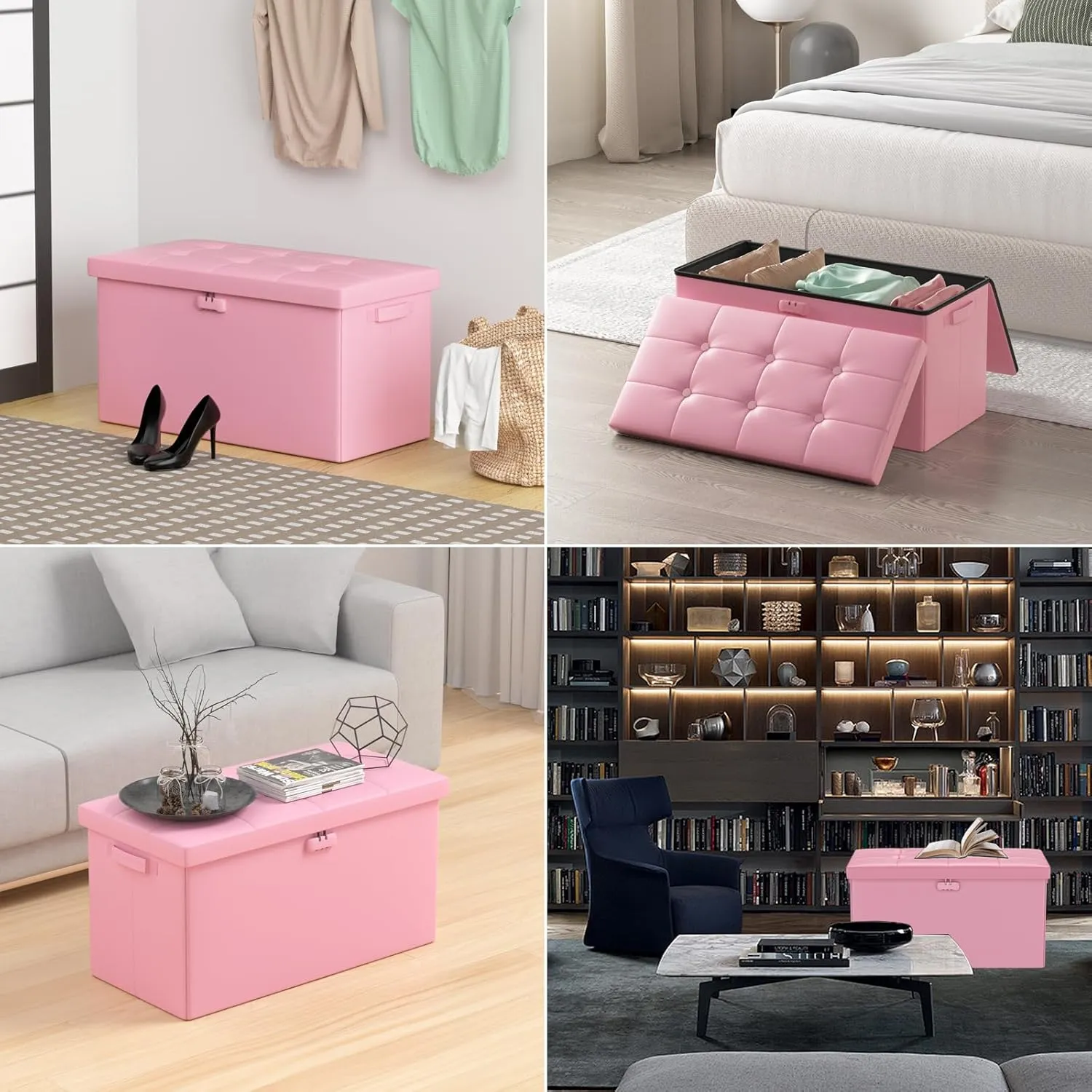 DocSafe Storage Ottoman Bench with Lock,Fireproof 30 Inches Folding Bench Foot Rest Stool Storage Chest Safe for Living Room,Bedroom,Home Office,Waterproof Leather Ottoman with Handles,Pink
