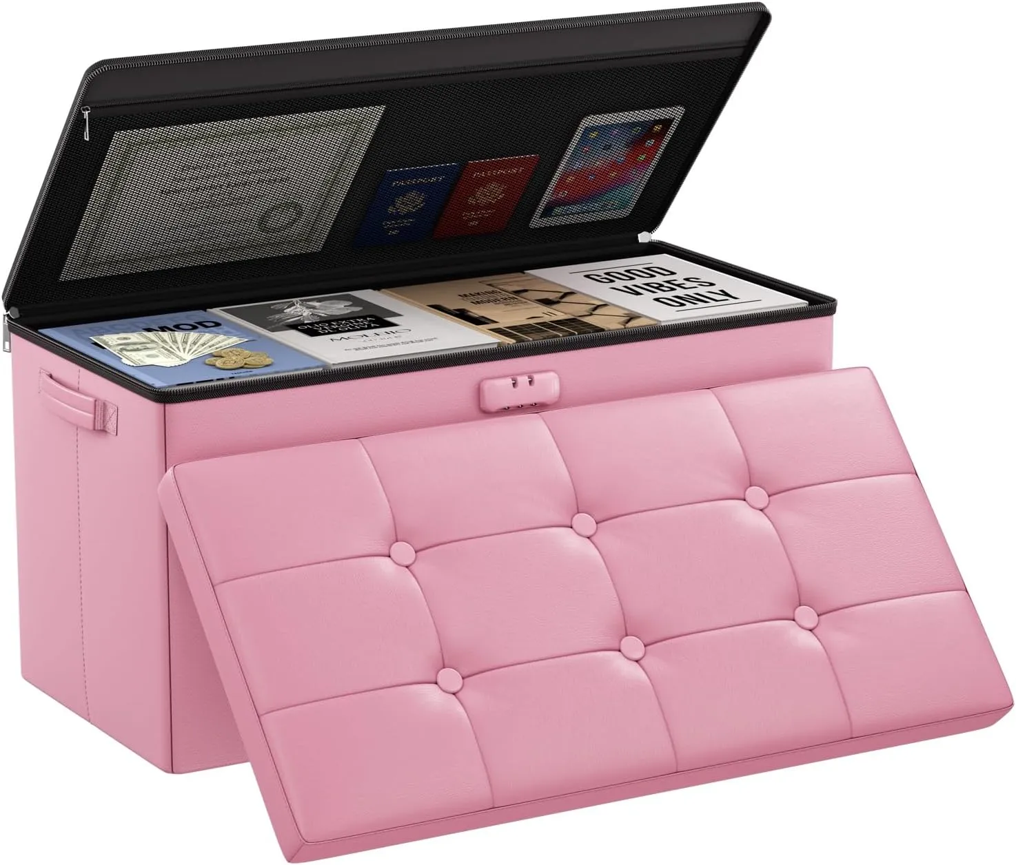 DocSafe Storage Ottoman Bench with Lock,Fireproof 30 Inches Folding Bench Foot Rest Stool Storage Chest Safe for Living Room,Bedroom,Home Office,Waterproof Leather Ottoman with Handles,Pink