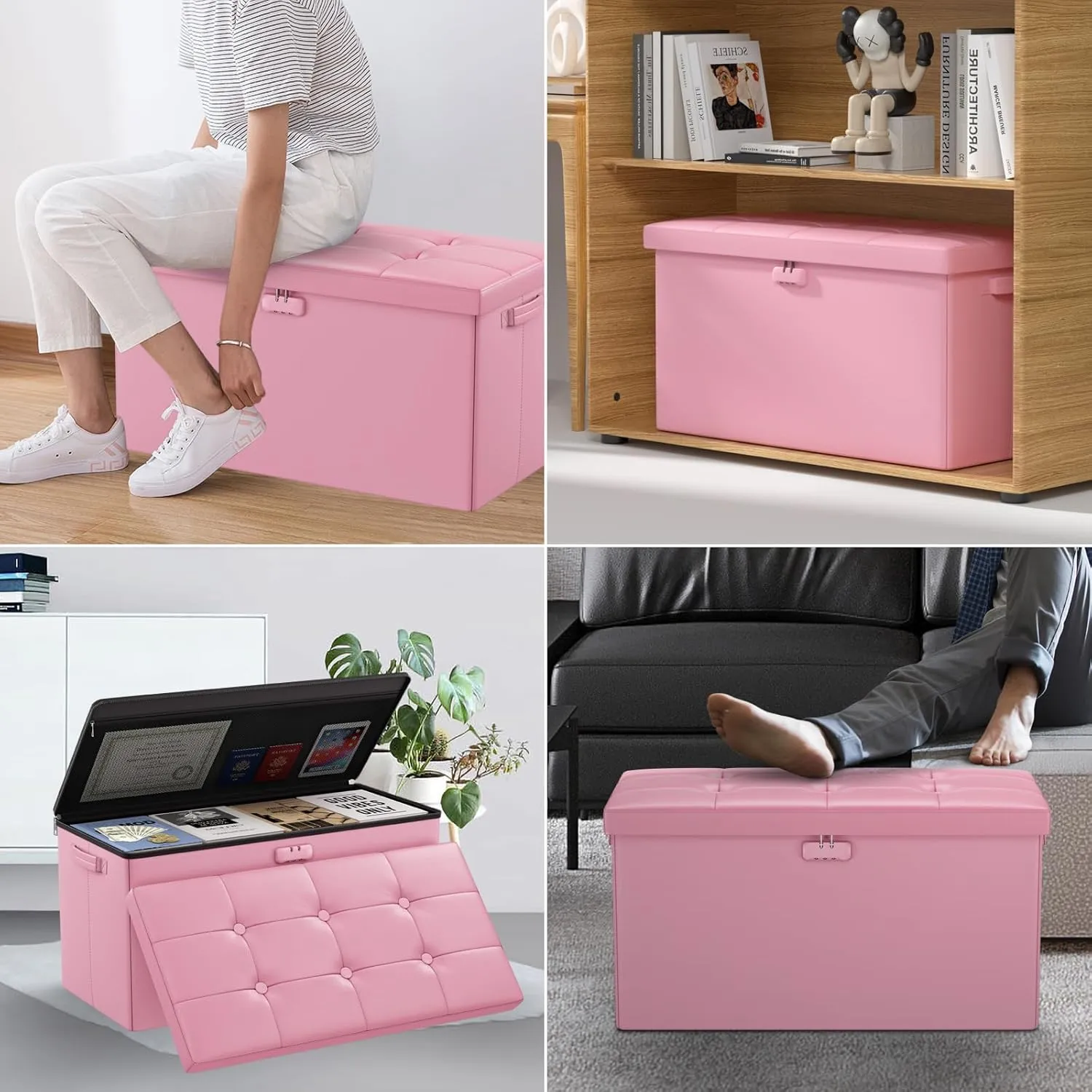 DocSafe Storage Ottoman Bench with Lock,Fireproof 30 Inches Folding Bench Foot Rest Stool Storage Chest Safe for Living Room,Bedroom,Home Office,Waterproof Leather Ottoman with Handles,Pink