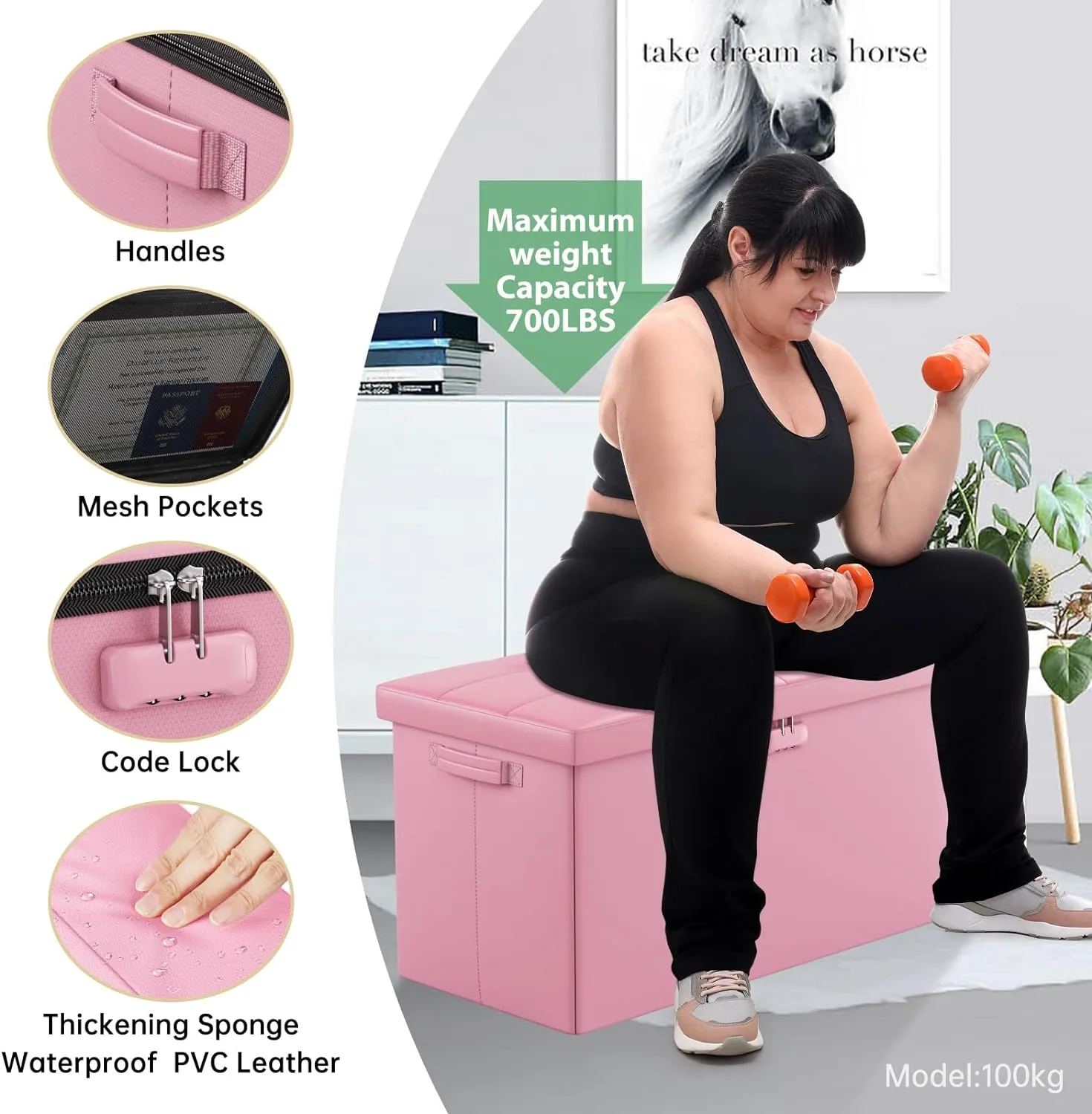 DocSafe Storage Ottoman Bench with Lock,Fireproof 30 Inches Folding Bench Foot Rest Stool Storage Chest Safe for Living Room,Bedroom,Home Office,Waterproof Leather Ottoman with Handles,Pink