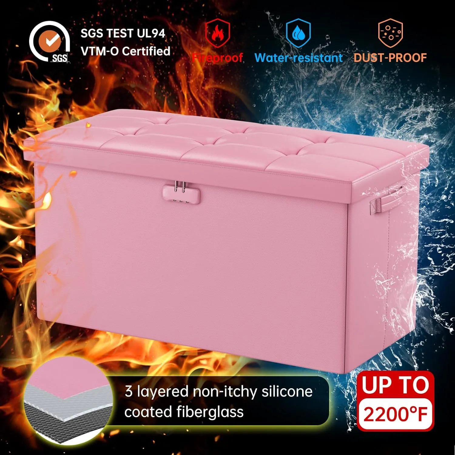 DocSafe Storage Ottoman Bench with Lock,Fireproof 30 Inches Folding Bench Foot Rest Stool Storage Chest Safe for Living Room,Bedroom,Home Office,Waterproof Leather Ottoman with Handles,Pink