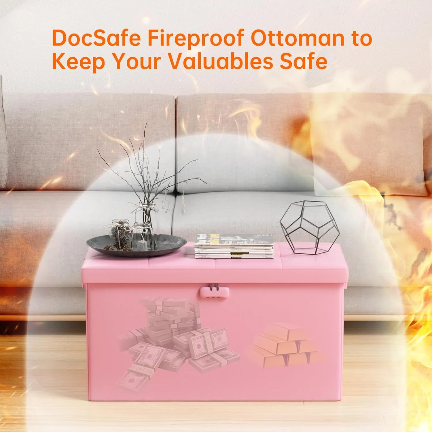 DocSafe Storage Ottoman Bench with Lock,Fireproof 30 Inches Folding Bench Foot Rest Stool Storage Chest Safe for Living Room,Bedroom,Home Office,Waterproof Leather Ottoman with Handles,Pink