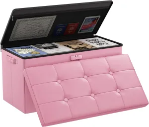 DocSafe Storage Ottoman Bench with Lock,Fireproof 30 Inches Folding Bench Foot Rest Stool Storage Chest Safe for Living Room,Bedroom,Home Office,Waterproof Leather Ottoman with Handles,Pink