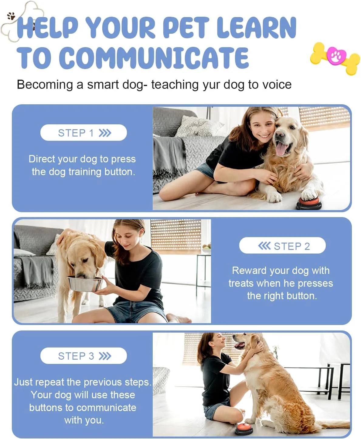 Dog Buttons for Communication, 6 Pcs Dog Talking Button Set, 30s Voice Recordable Pet Training Buzzer, Speaking Buttons for Cats & Dogs with Waterproof Dog Activity Mat and 24 Scene Stickers
