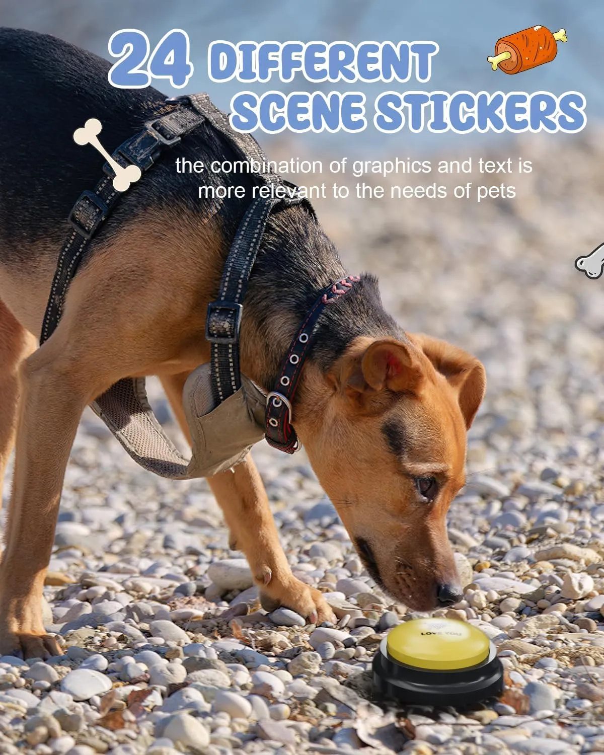 Dog Buttons for Communication, 6 Pcs Dog Talking Button Set, 30s Voice Recordable Pet Training Buzzer, Speaking Buttons for Cats & Dogs with Waterproof Dog Activity Mat and 24 Scene Stickers