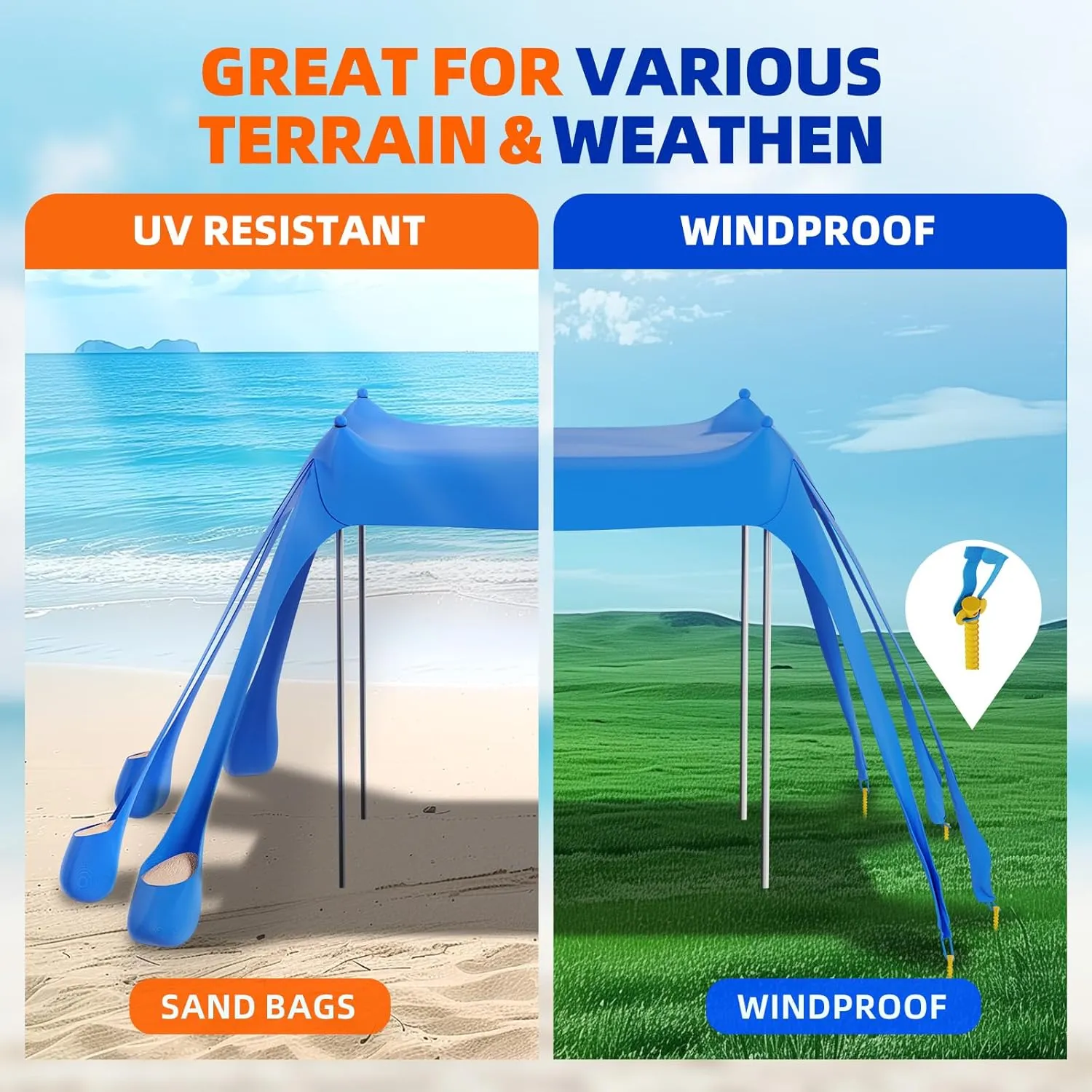 DOLLATE Beach Tent (Blue), 10x10ft Beach Sunshade, Camping Sun Shade UPF50  with 8 Sandbags, Sand Shovel, Ground Spikes and Stabilizer Poles, Beach Tent for Camping, Fishing and Picnicking
