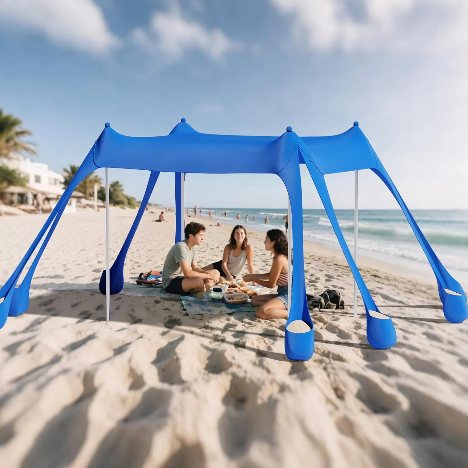 DOLLATE Beach Tent (Blue), 10x10ft Beach Sunshade, Camping Sun Shade UPF50  with 8 Sandbags, Sand Shovel, Ground Spikes and Stabilizer Poles, Beach Tent for Camping, Fishing and Picnicking