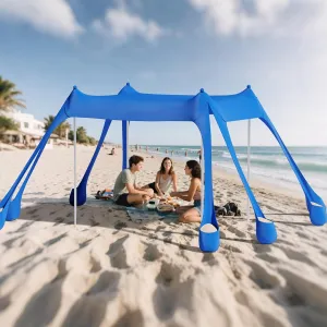 DOLLATE Beach Tent (Blue), 10x10ft Beach Sunshade, Camping Sun Shade UPF50  with 8 Sandbags, Sand Shovel, Ground Spikes and Stabilizer Poles, Beach Tent for Camping, Fishing and Picnicking