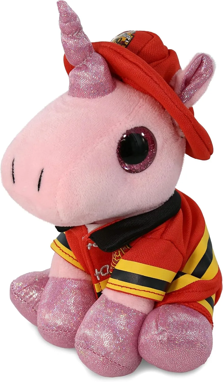 DolliBu Big Eye Pink Unicorn Firefighter Stuffed Animal with Name Personalization - Super Soft Unicorn with Red Fireman Costume Outfit and Fireman Hat, Fire Fighter Doll Plush Toy for Kids - 8 Inch