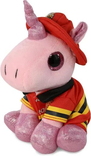 DolliBu Big Eye Pink Unicorn Firefighter Stuffed Animal with Name Personalization - Super Soft Unicorn with Red Fireman Costume Outfit and Fireman Hat, Fire Fighter Doll Plush Toy for Kids - 8 Inch
