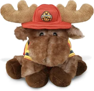 DolliBu Brown Lying Moose Firefighter Stuffed Animal with Name Personalization - Super Soft Plush with Red Fireman Costume Outfit and Fireman Hat, Fire Fighter Doll Plush Toy for Kids - 9 Inch