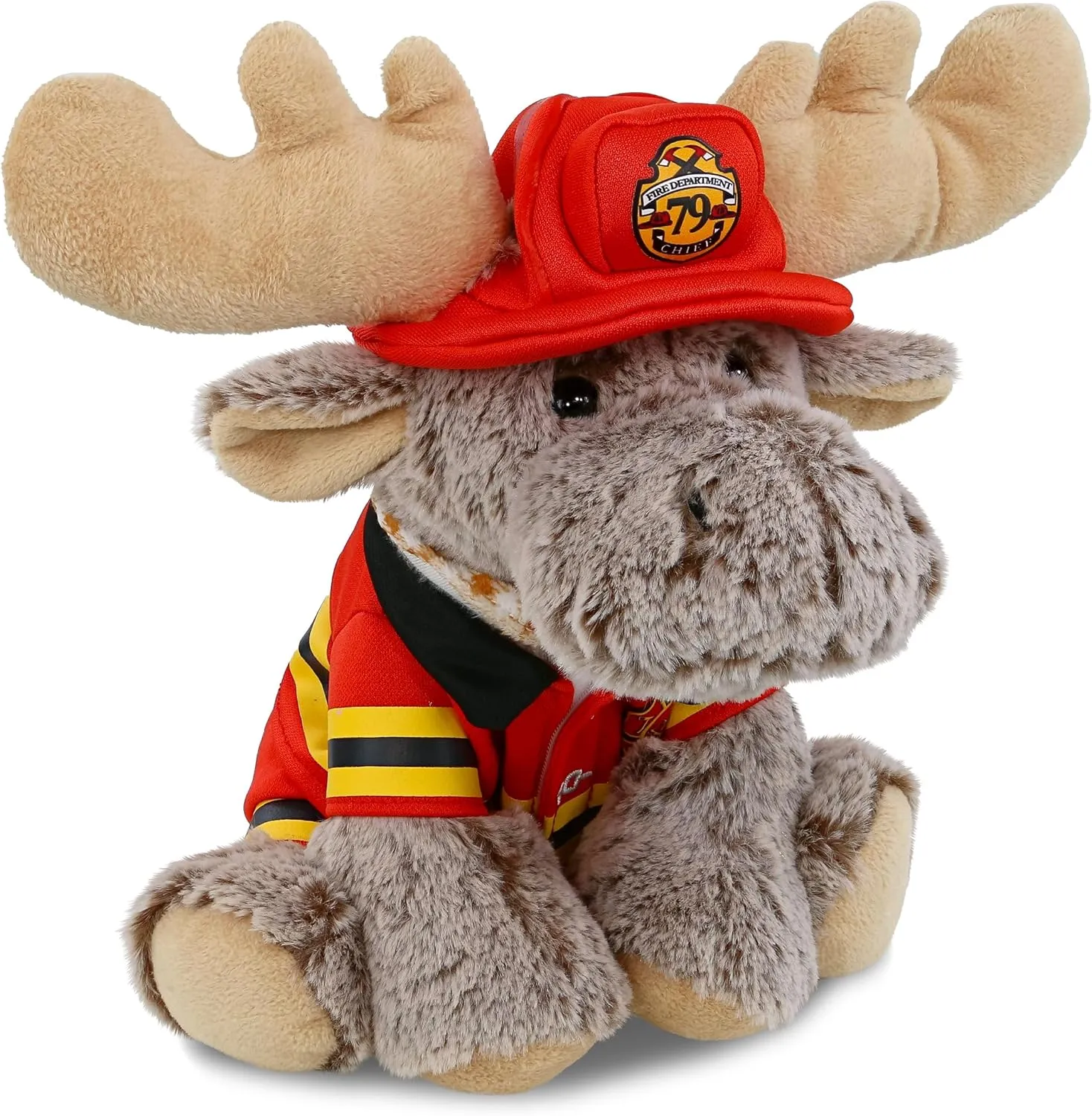 DolliBu Floppy Moose Firefighter Stuffed Animal with Name Personalization - Super Soft Moose with Red Fireman Costume Outfit and Fireman Hat, Cute Fire Fighter Doll Plush Toy for Kids - 9 Inch