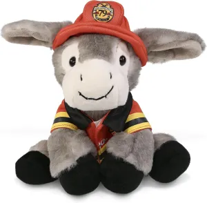 DolliBu Lying Grey Donkey Firefighter Stuffed Animal with Name Personalization - Super Soft Plush with Red Fireman Costume Outfit and Fireman Hat, Fire Fighter Doll Plush Toy for Kids - 9 Inch