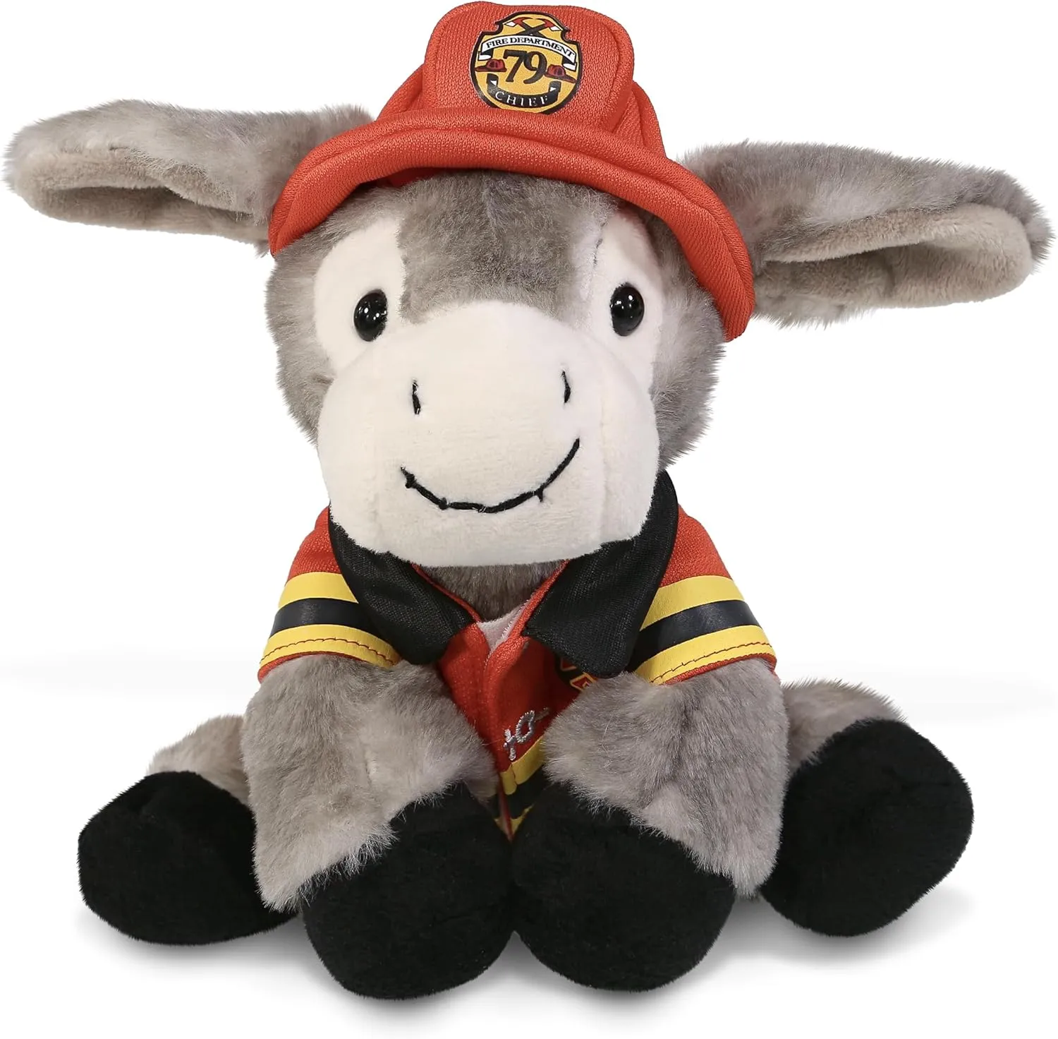 DolliBu Lying Grey Donkey Firefighter Stuffed Animal with Name Personalization - Super Soft Plush with Red Fireman Costume Outfit and Fireman Hat, Fire Fighter Doll Plush Toy for Kids - 9 Inch