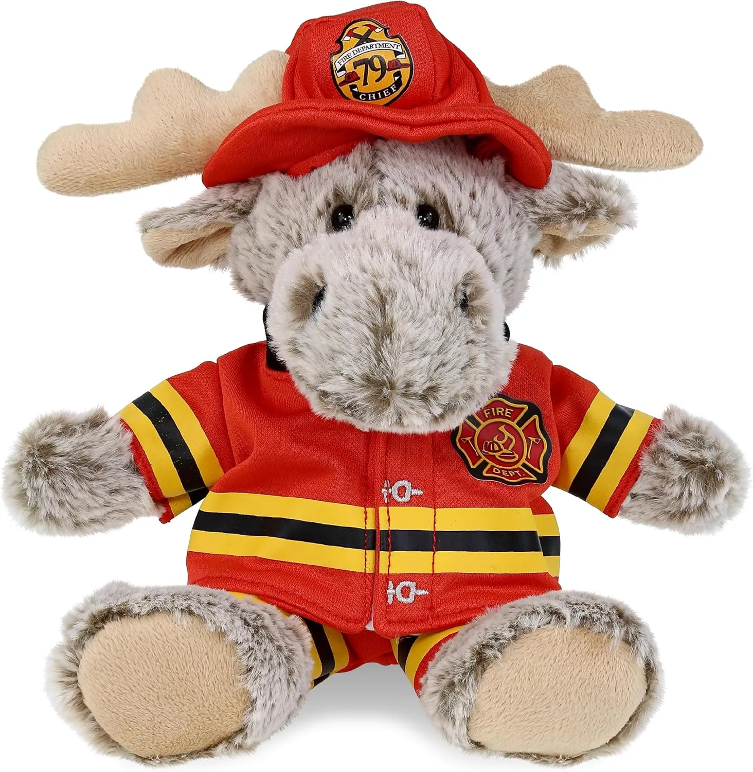 DolliBu Sitting Brown Moose Firefighter Stuffed Animal with Name Personalization - Super Soft Moose with Red Fireman Costume Outfit and Fireman Hat, Cute Fire Fighter Doll Plush Toy for Kids - 8 Inch