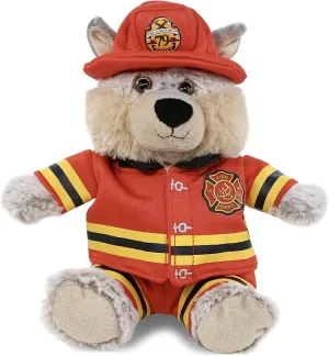 DolliBu Sitting Wolf Firefighter Stuffed Animal with Name Personalization - Super Soft Wolf with Red Fireman Costume Outfit and Fireman Hat, Cute Fire Fighter Doll Plush Toy for Kids - 9 Inch
